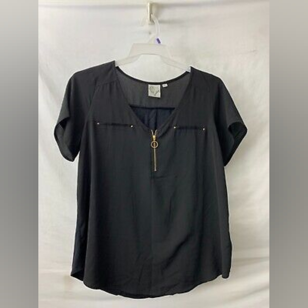 Janet Chung Womens Tunic Top Black Short Sleeve V-Neck 1/4 Zip Size 2x - Picture 1 of 3